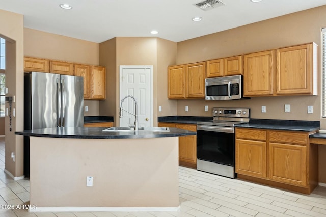 kitchen with visible vents, dark countertops, a sink, and stainless steel appliances