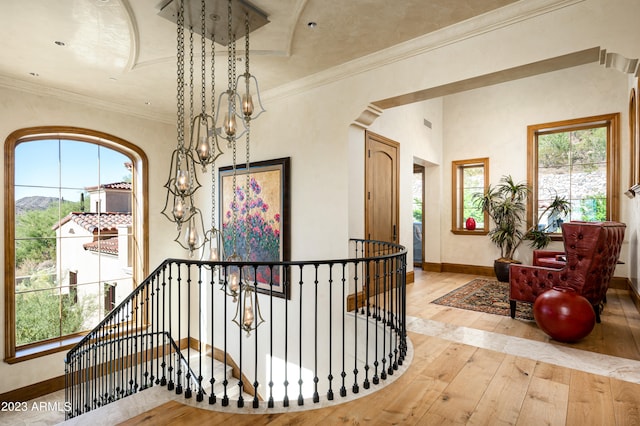 hall featuring ornamental molding and hardwood / wood-style floors