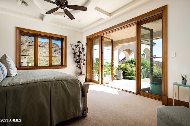 bedroom featuring beam ceiling, carpet, ceiling fan, access to outside, and coffered ceiling