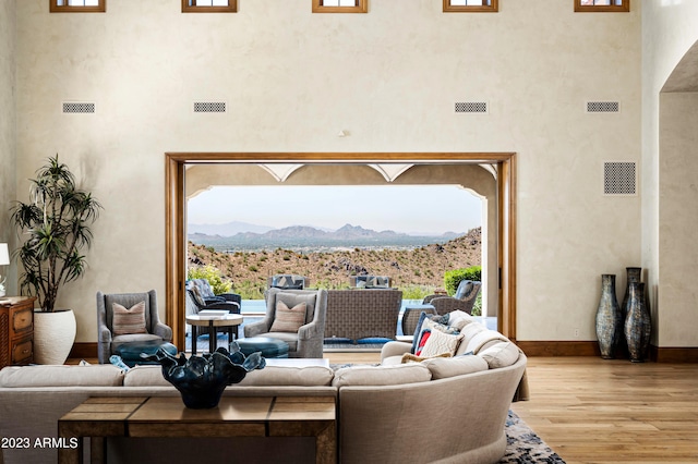 living room with a mountain view, a towering ceiling, and light hardwood / wood-style floors