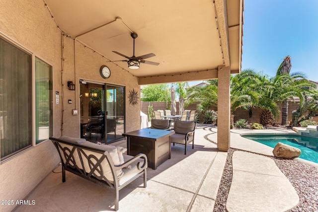 553 W Hereford Dr, San Tan Valley, AZ 85143 - view of patio featuring ceiling fan, a fenced backyard, a fenced in pool, and outdoor dining space