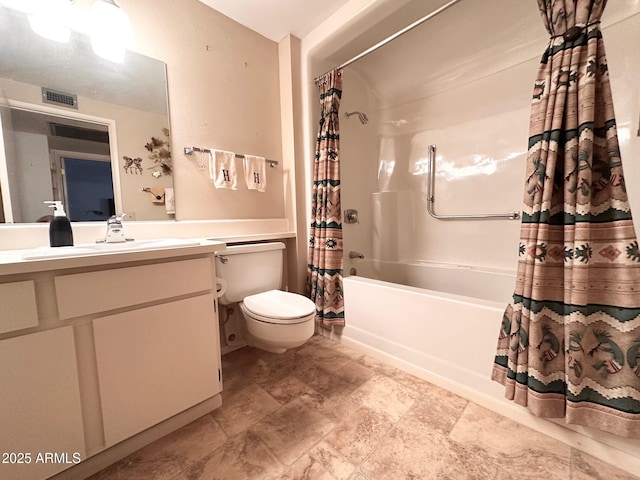 full bathroom with vanity, shower / bath combination with curtain, and toilet