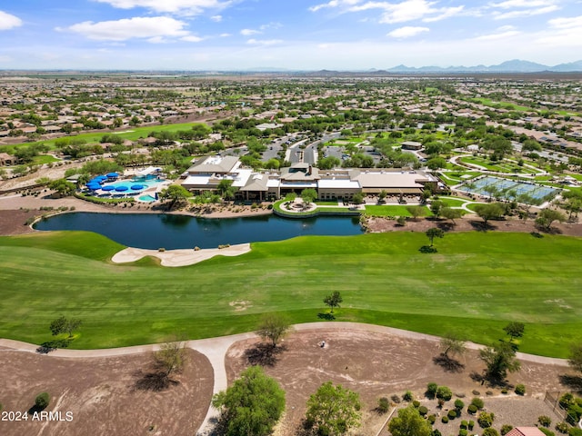 bird's eye view featuring a water and mountain view