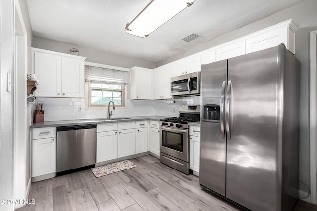 kitchen with sink, light hardwood / wood-style flooring, stainless steel appliances, decorative backsplash, and white cabinets