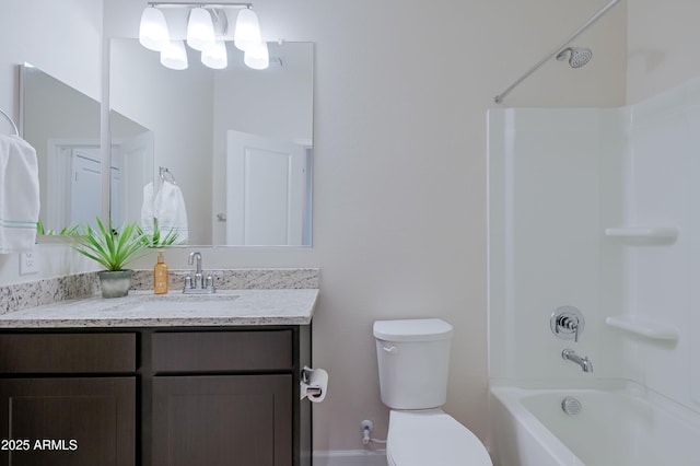 full bath featuring toilet, shower / washtub combination, and vanity