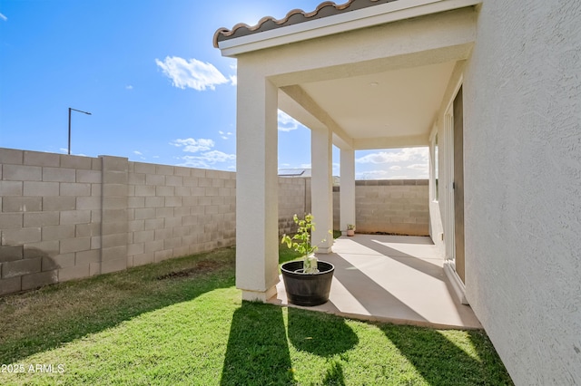 view of yard featuring a patio area and a fenced backyard