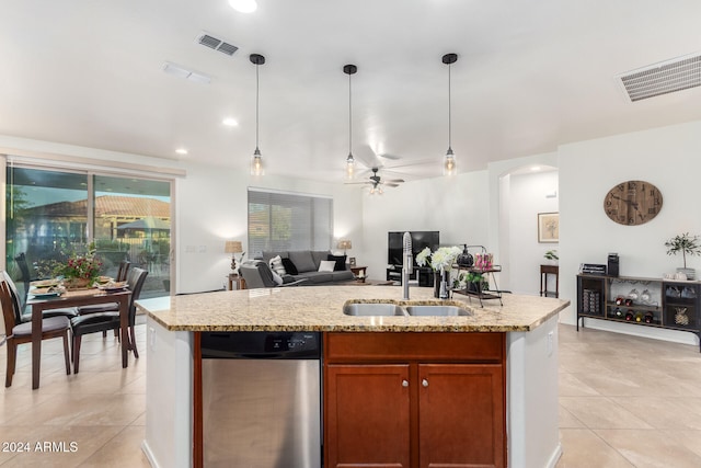 kitchen with stainless steel dishwasher, hanging light fixtures, sink, and ceiling fan