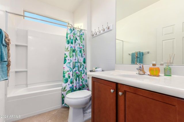 full bathroom with vanity, shower / bathtub combination with curtain, toilet, and tile patterned floors