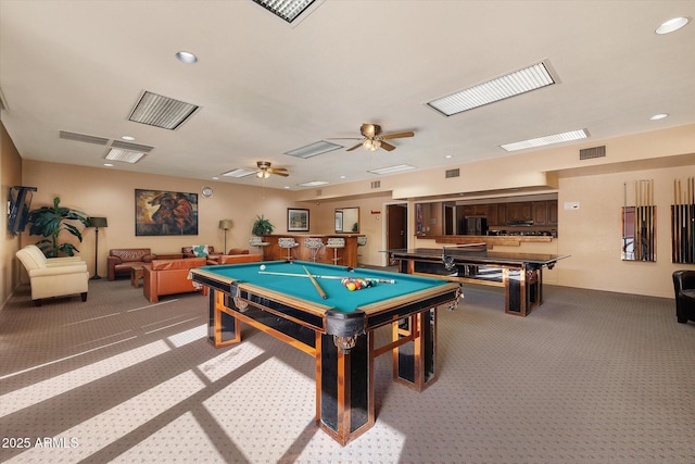 rec room with recessed lighting, billiards, visible vents, and light colored carpet