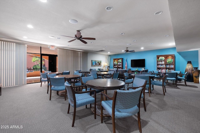 dining area with ceiling fan, carpet floors, and recessed lighting
