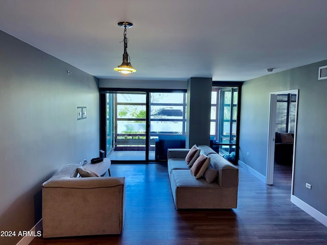 living room with dark hardwood / wood-style floors