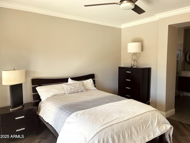 bedroom with dark wood-type flooring, ceiling fan, and ornamental molding