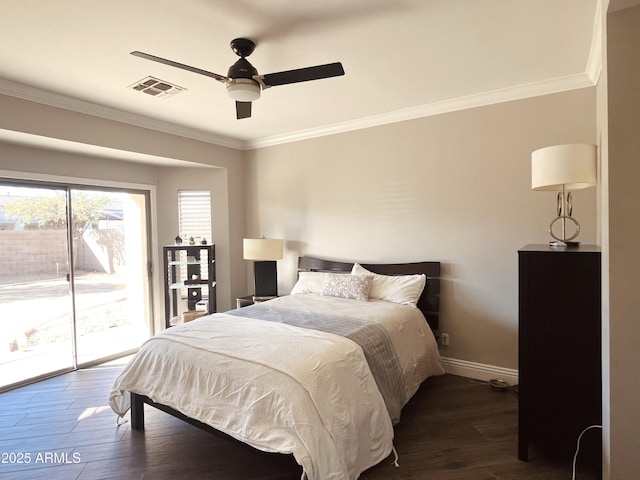 bedroom with ceiling fan, ornamental molding, access to exterior, and dark hardwood / wood-style flooring