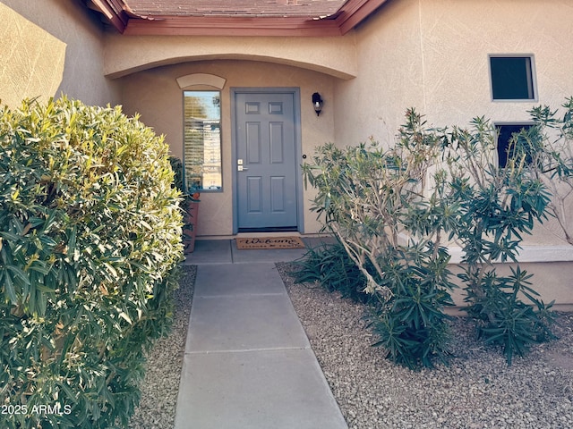 doorway to property with stucco siding