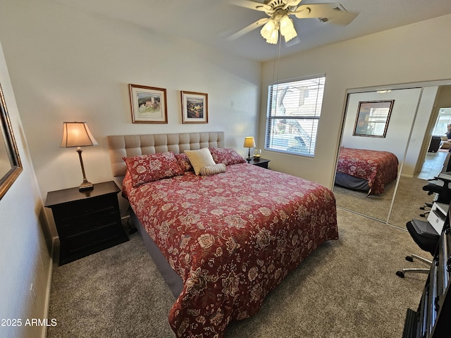 bedroom featuring carpet, a closet, and ceiling fan