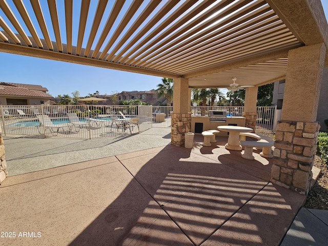 view of patio / terrace featuring a community pool, fence, grilling area, and a pergola