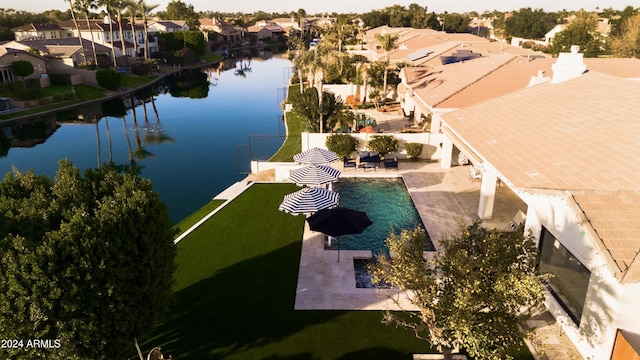 drone / aerial view with a water view