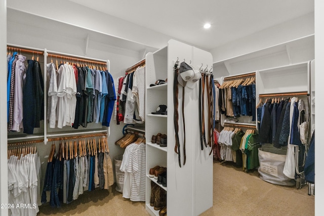 spacious closet featuring light colored carpet