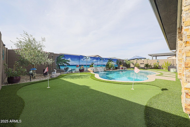 view of swimming pool featuring pool water feature