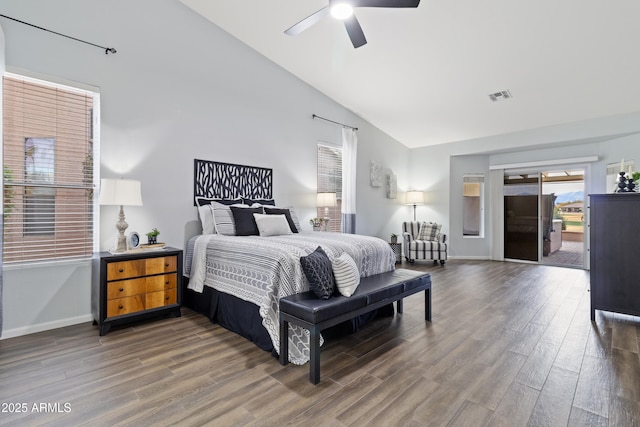 bedroom with ceiling fan, high vaulted ceiling, access to exterior, and dark hardwood / wood-style flooring