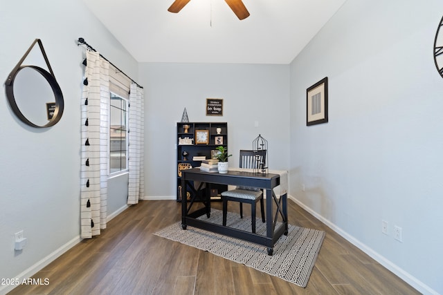 office area featuring ceiling fan and dark hardwood / wood-style floors