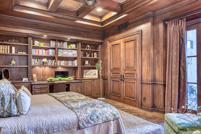 9547 N 55th St, Paradise Valley, AZ 85253 - bedroom featuring parquet floors, beam ceiling, ornamental molding, coffered ceiling, and built in desk