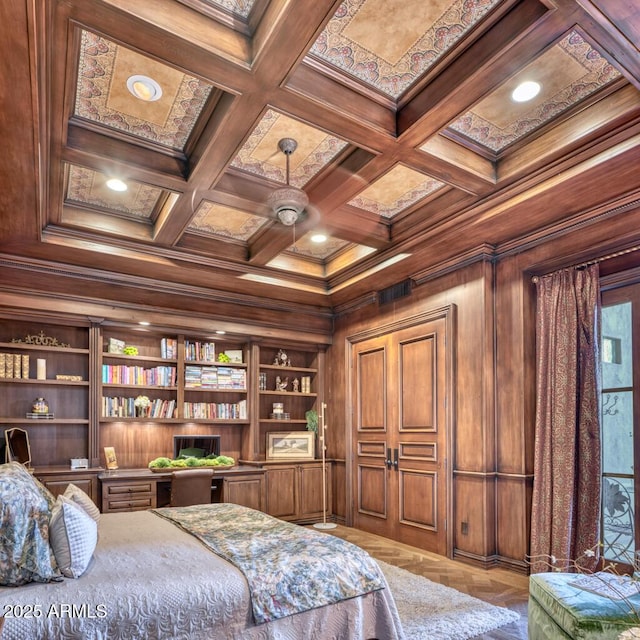 9547 N 55th St, Paradise Valley, AZ 85253 - bedroom featuring beam ceiling, built in desk, parquet floors, crown molding, and coffered ceiling