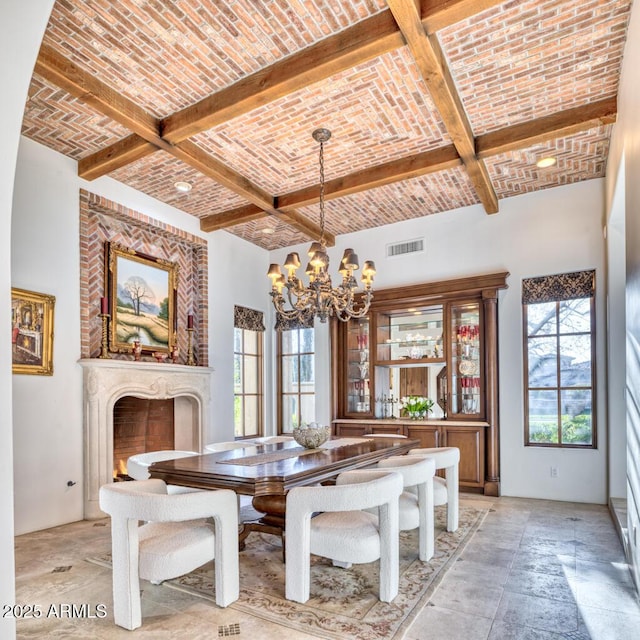 9547 N 55th St, Paradise Valley, AZ 85253 - dining room featuring brick ceiling, a chandelier, coffered ceiling, and beam ceiling