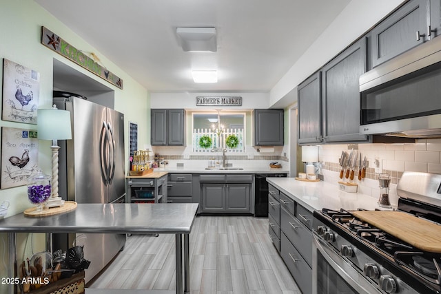 kitchen with gray cabinetry, a sink, tasteful backsplash, stainless steel appliances, and light countertops