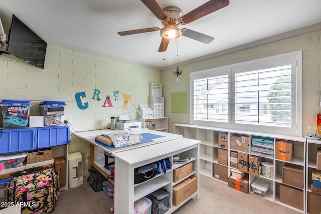 office space with light carpet, brick wall, crown molding, and a ceiling fan