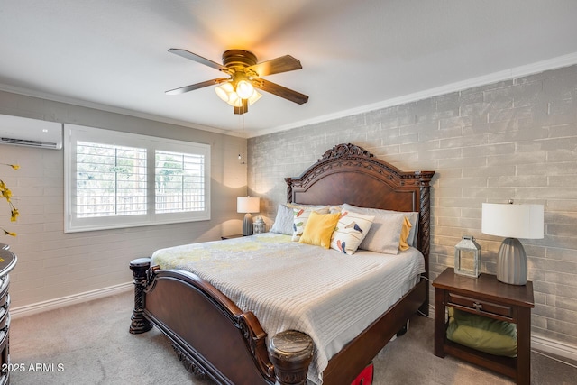 carpeted bedroom with baseboards, an AC wall unit, ceiling fan, and crown molding