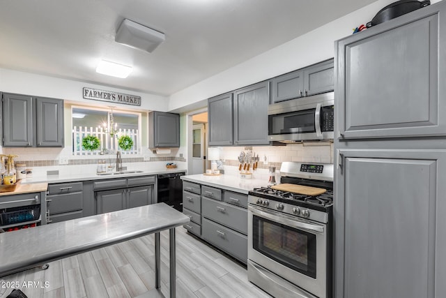 kitchen featuring a sink, stainless steel appliances, decorative backsplash, and gray cabinets