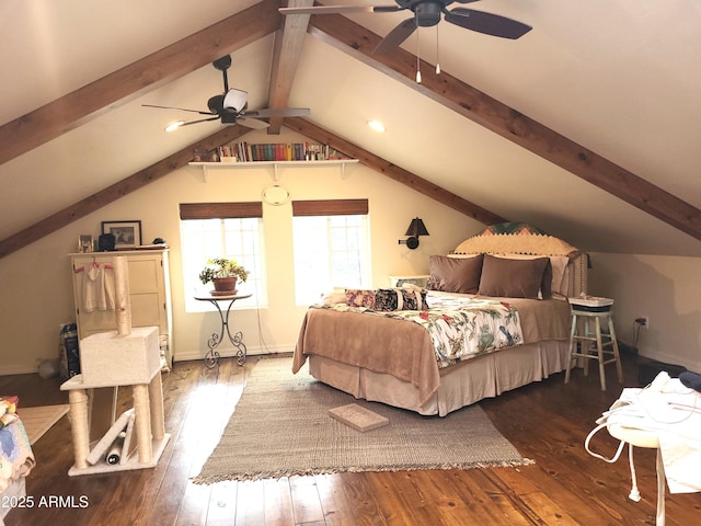 bedroom with lofted ceiling with beams, dark wood-type flooring, and ceiling fan