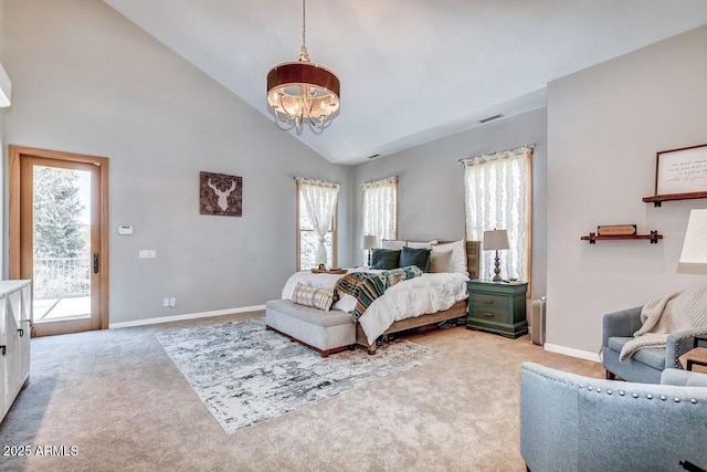 bedroom featuring a notable chandelier, high vaulted ceiling, access to outside, and light carpet