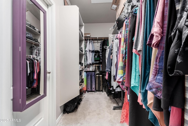 walk in closet with light colored carpet