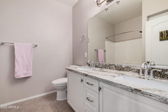 bathroom featuring walk in shower, vanity, toilet, and tile patterned flooring