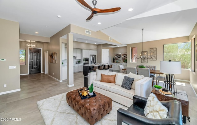 16255 E Ridgeline Dr, Fountain Hills, AZ 85268 - living room with baseboards, vaulted ceiling, recessed lighting, and ceiling fan with notable chandelier