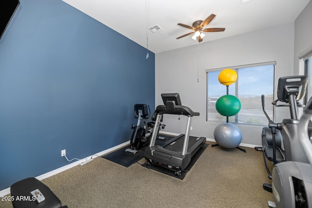 16255 E Ridgeline Dr, Fountain Hills, AZ 85268 - exercise area featuring baseboards, ceiling fan, visible vents, and carpet
