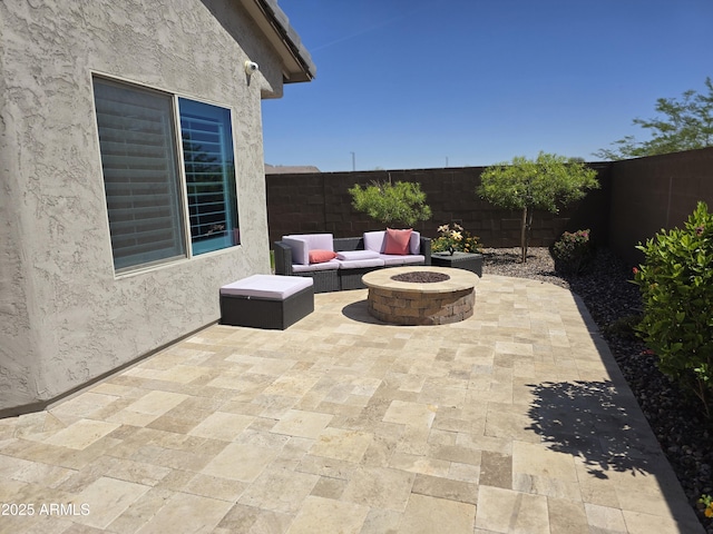 2316 N Crestwood Dr, Florence, AZ 85132 - view of patio / terrace featuring a fenced backyard and an outdoor fire pit