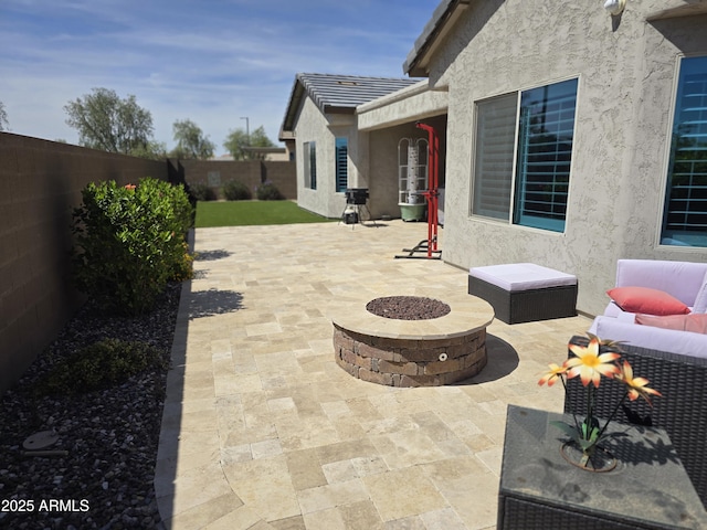2316 N Crestwood Dr, Florence, AZ 85132 - view of patio / terrace featuring a fenced backyard and an outdoor fire pit