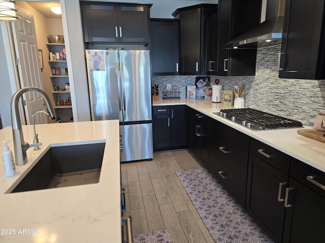 2316 N Crestwood Dr, Florence, AZ 85132 - kitchen featuring light wood-style floors, wall chimney exhaust hood, dark cabinets, a sink, and stainless steel appliances