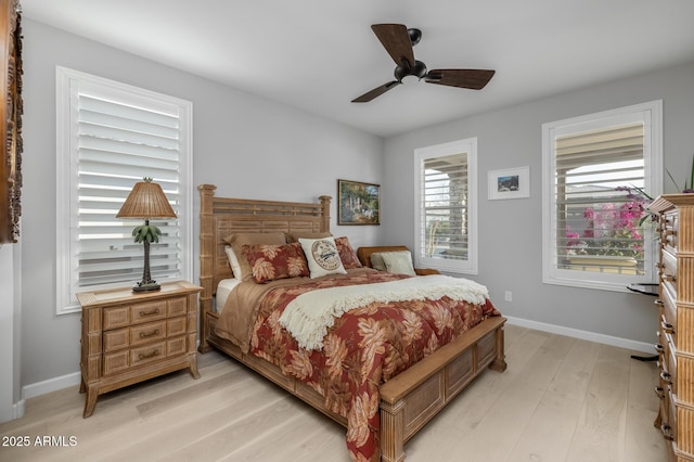 bedroom with ceiling fan and light wood-type flooring