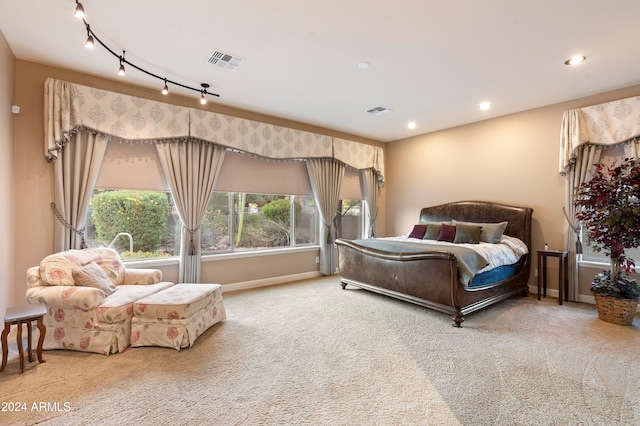 bedroom with carpet flooring and rail lighting