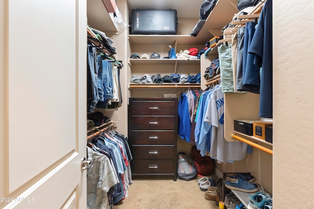 walk in closet with light carpet