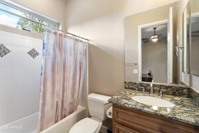 2378 N 158th Dr, Goodyear, AZ 85395 - full bath featuring shower / bath combo with shower curtain, toilet, vanity, and a ceiling fan