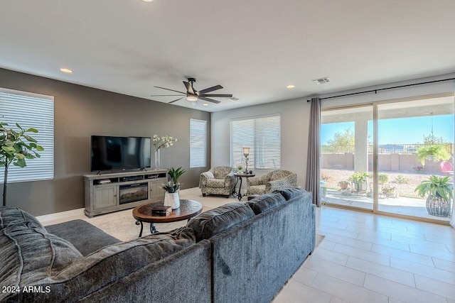 living room with ceiling fan