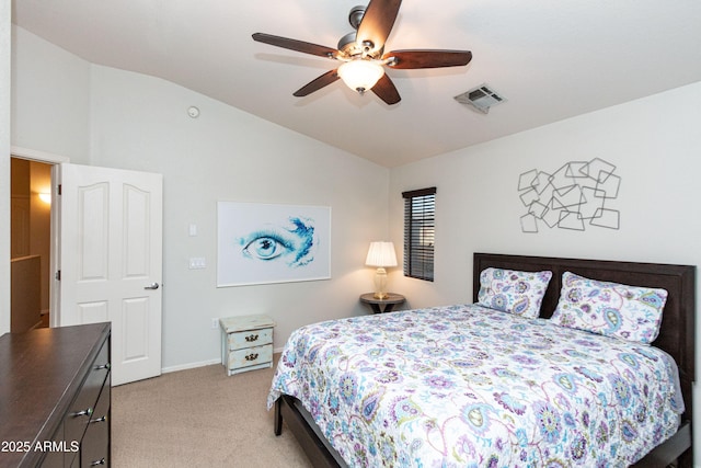 bedroom with lofted ceiling, ceiling fan, light carpet, visible vents, and baseboards