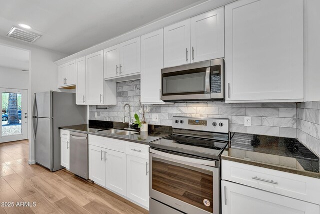 1306 E Fillmore St, Phoenix, AZ 85006 - kitchen featuring stainless steel appliances, a sink, light wood-style floors, white cabinetry, and decorative backsplash