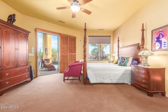 bedroom with light carpet, access to exterior, ceiling fan, and visible vents