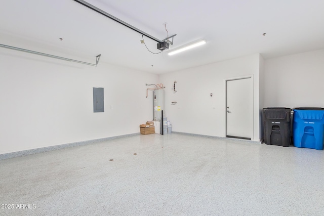 garage with baseboards, electric water heater, electric panel, and a garage door opener